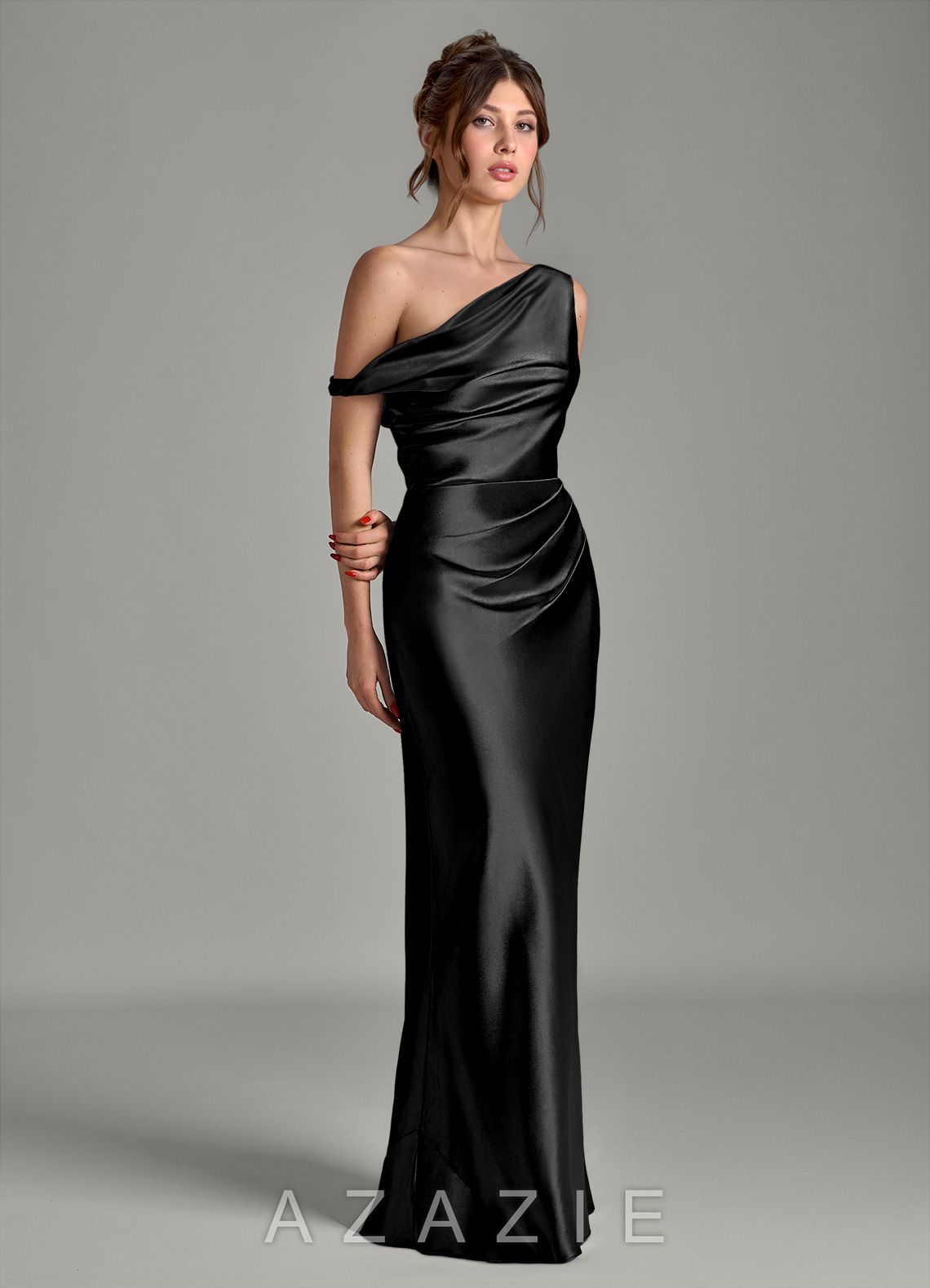 Azazie Emerson Black Mermaid Off the Shoulder Metallic Satin Dress black