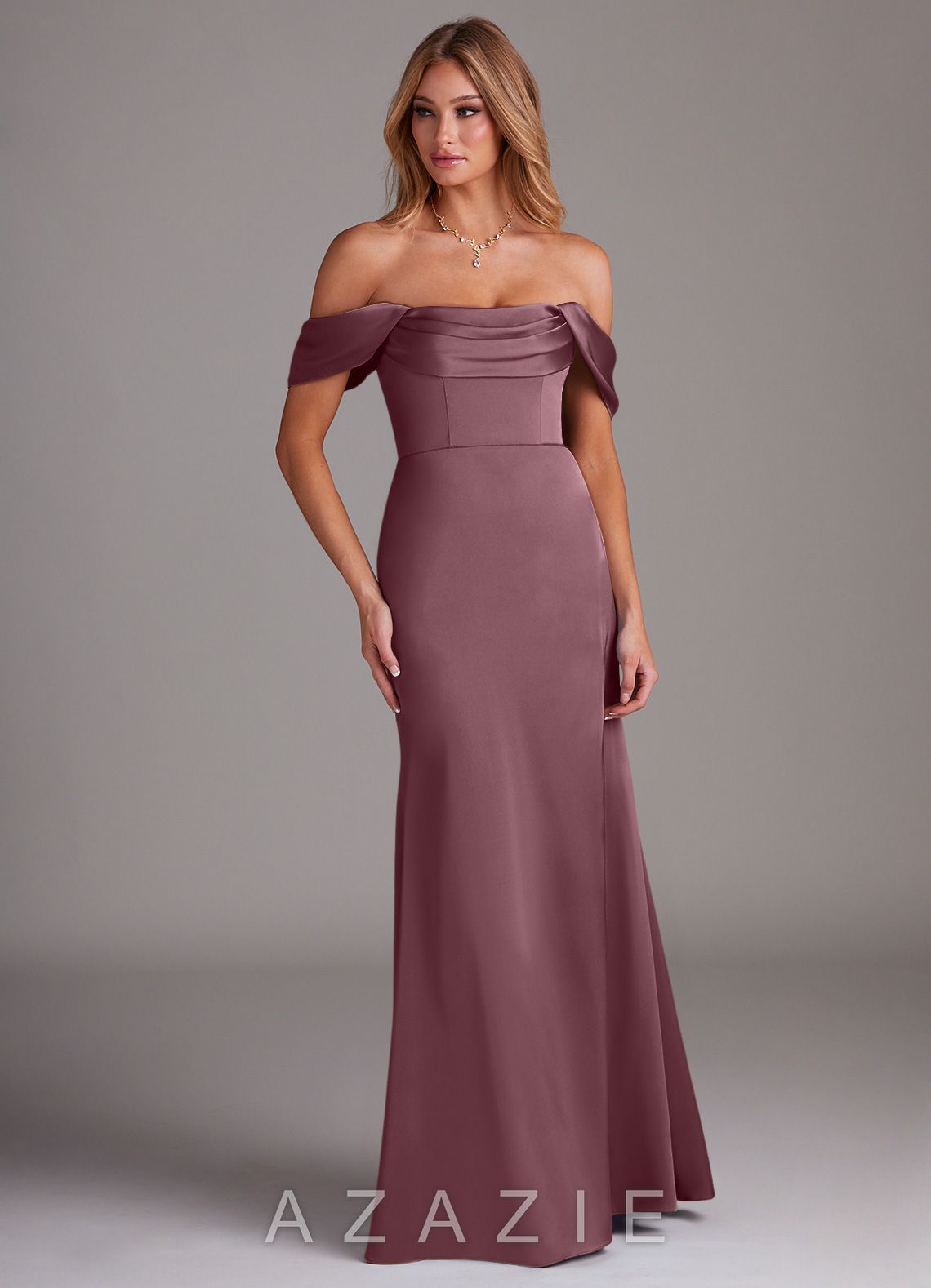 Azazie Saige Amethyst Sheath Off the Shoulder Stretch Satin Dress amethyst