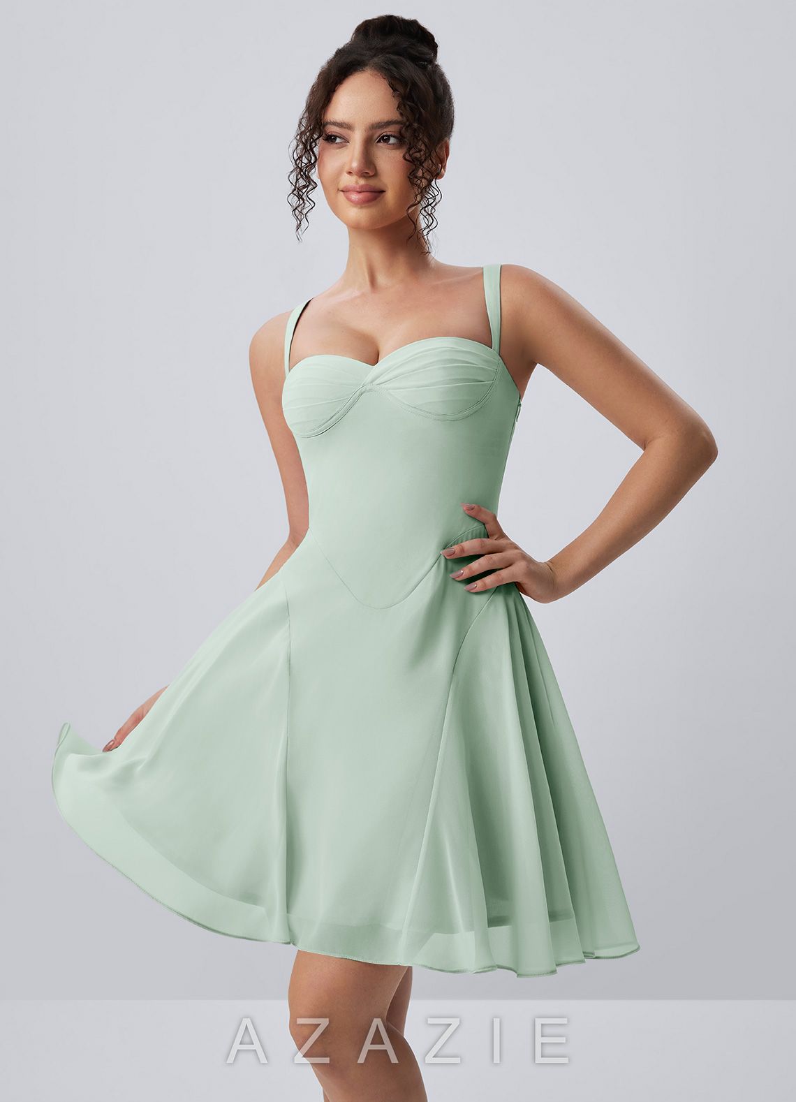 Isadora Agave Green Spaghetti Strap Chiffon Lace-Up Skater Mini Dress