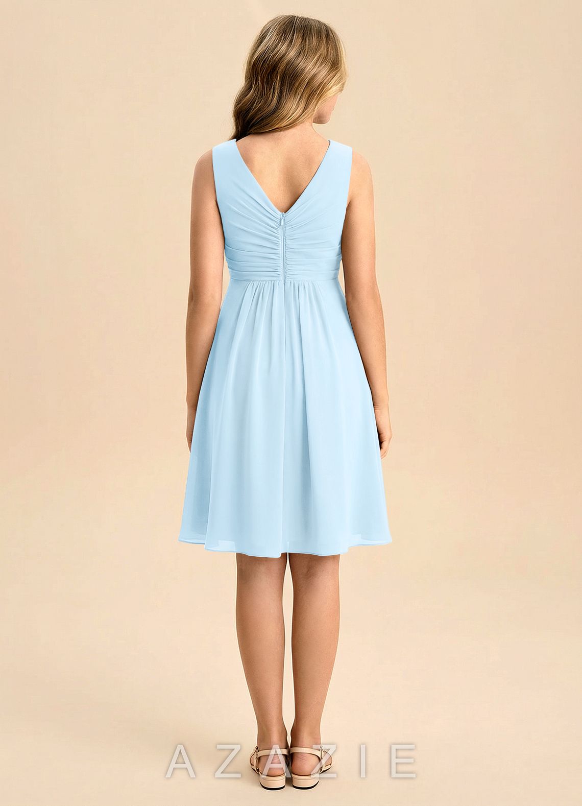 Azazie Skyla Junior Sky Blue A-Line Pleated Chiffon Dress sky_blue