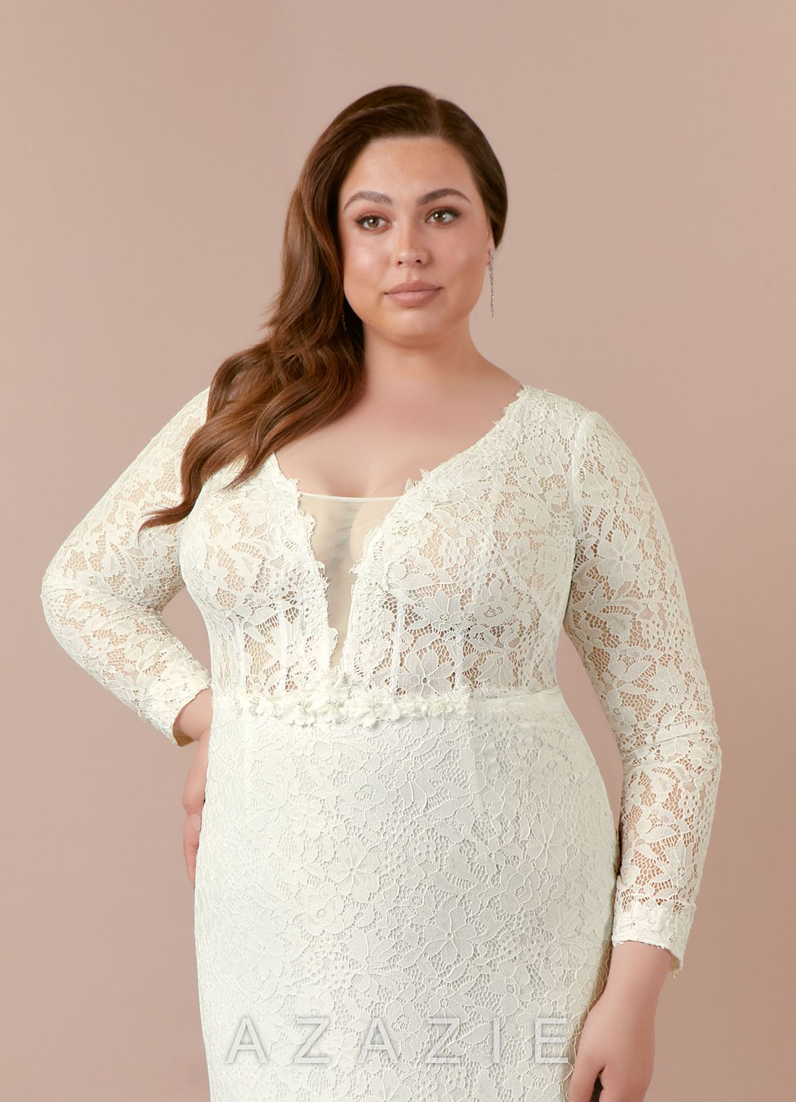 Azazie Indie Wedding Dress Cream Sheath V-Neck Tulle Dress cream
