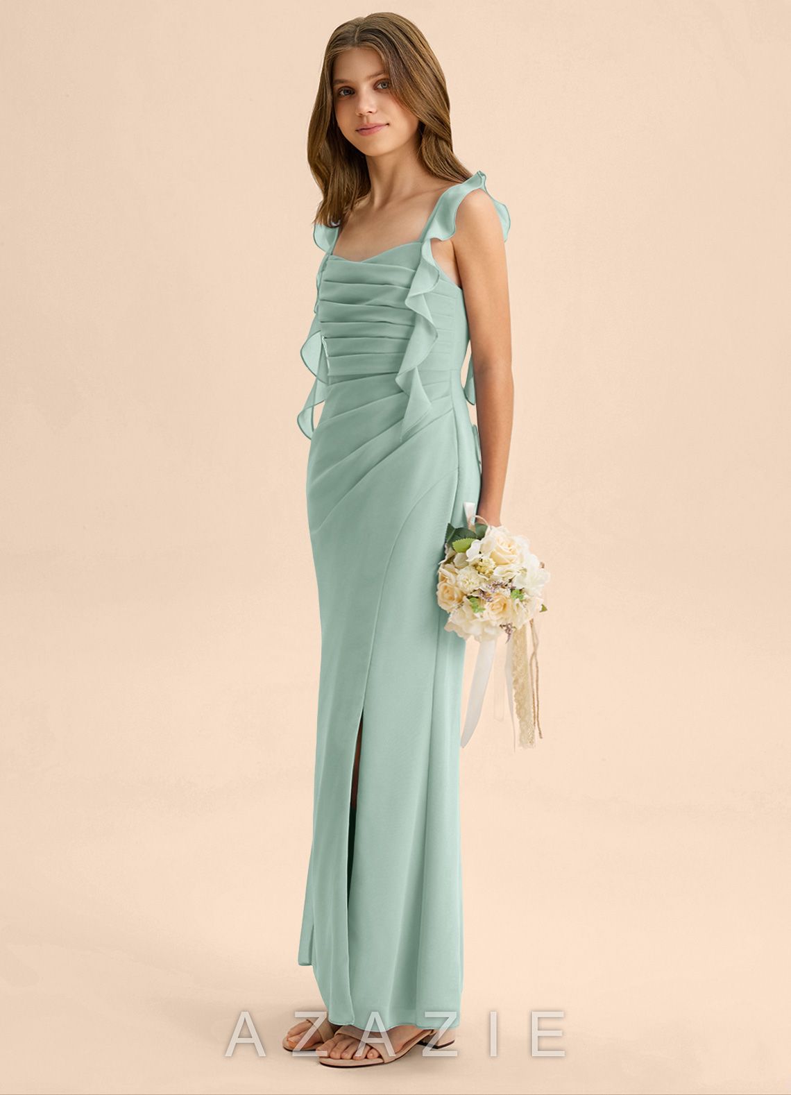 Azazie Jessamine Junior Agave Mermaid Sweetheart Neckline Chiffon Dress agave