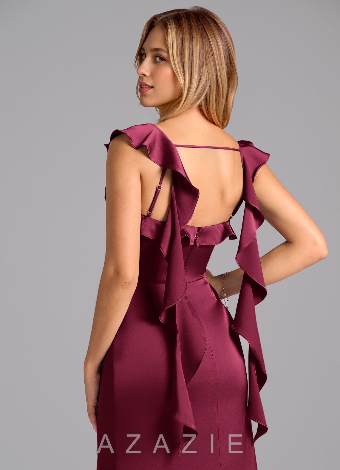 Azazie Adi Burgundy A-Line Pleated Stretch Satin Dress burgundy