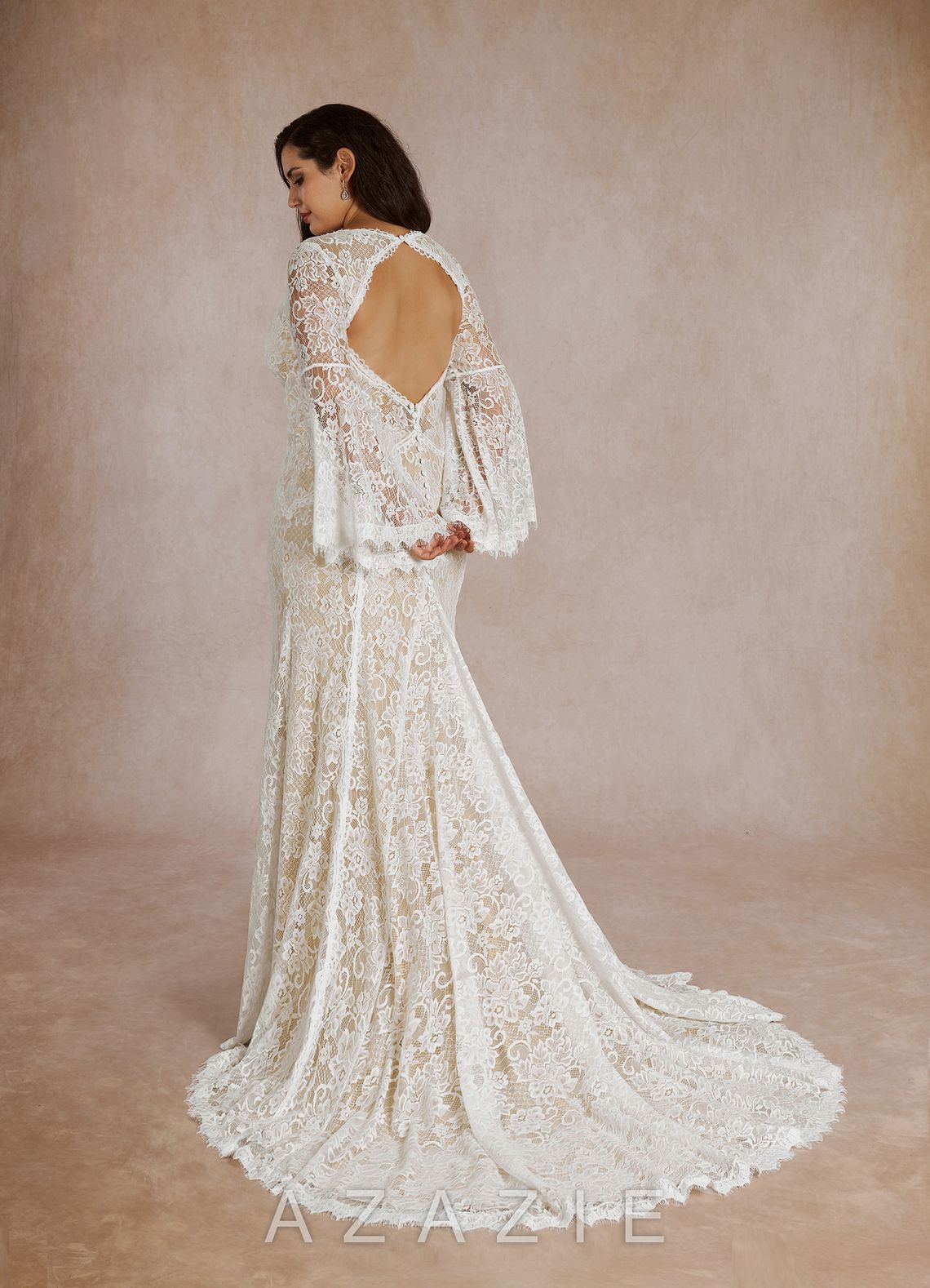 Azazie Hayes Wedding Dress Diamond White Champagne Mermaid V-Neck Lace Dress diamond_white/champagne