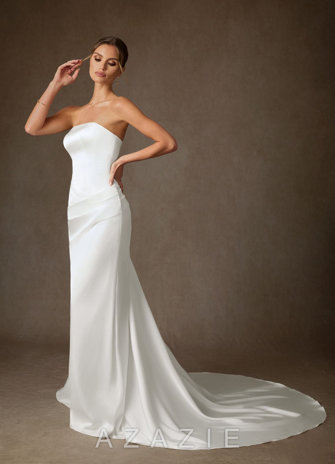 Azazie Begonia Diamond White Sheath Strapless Stretch Satin Dress diamond_white