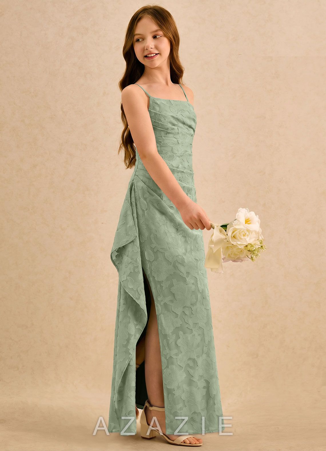 Azazie Cannoli Girls Formal Dusty Sage A-Line Pleated Floral Burnout Dress dusty_sage