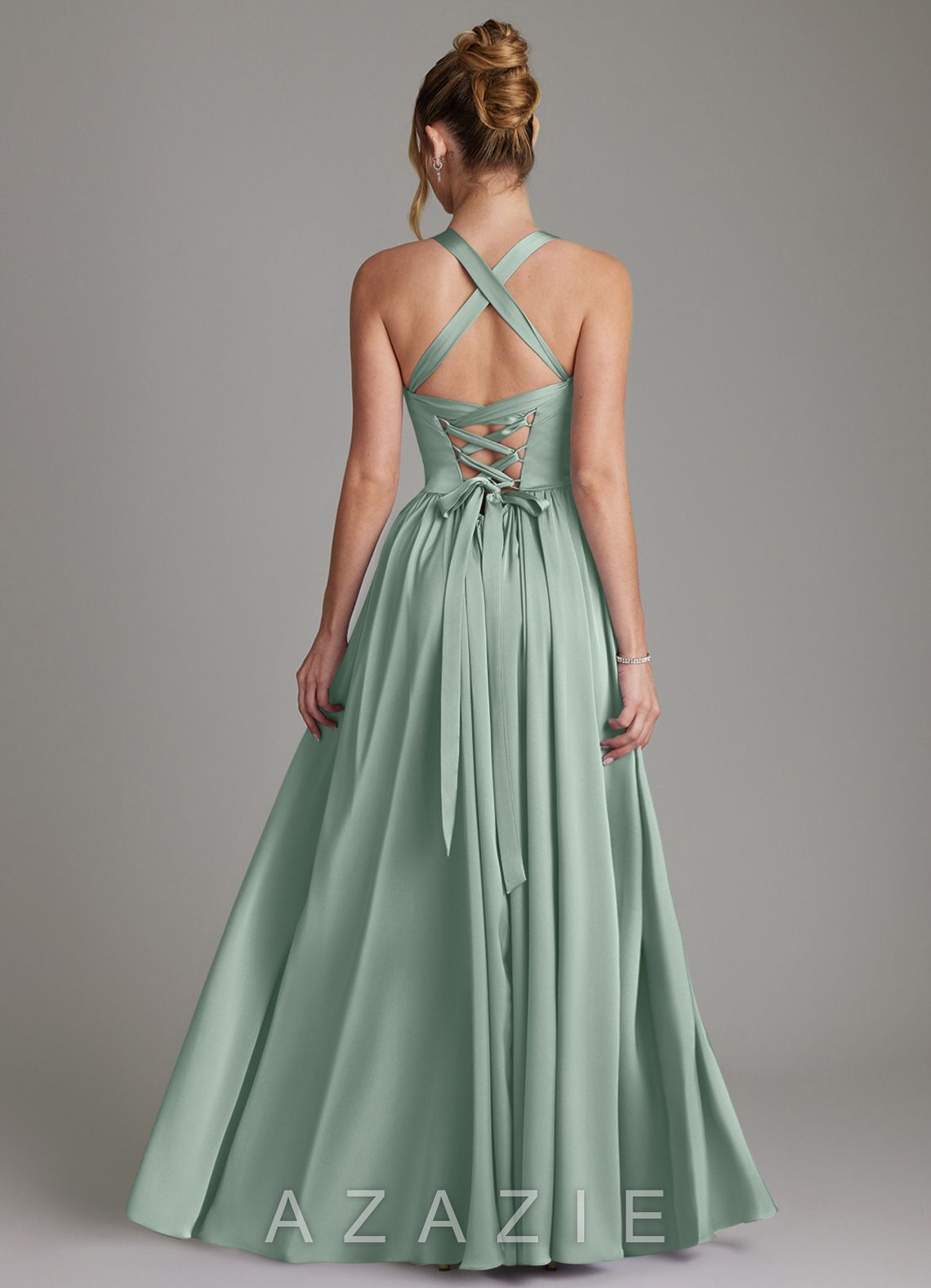 Azazie Francis Agave A-Line Corset Stretch Satin Dress agave