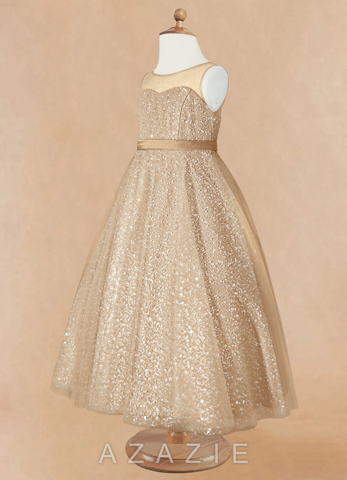 Azazie Siwa Champagne A-Line Beaded Tulle Dress champagne