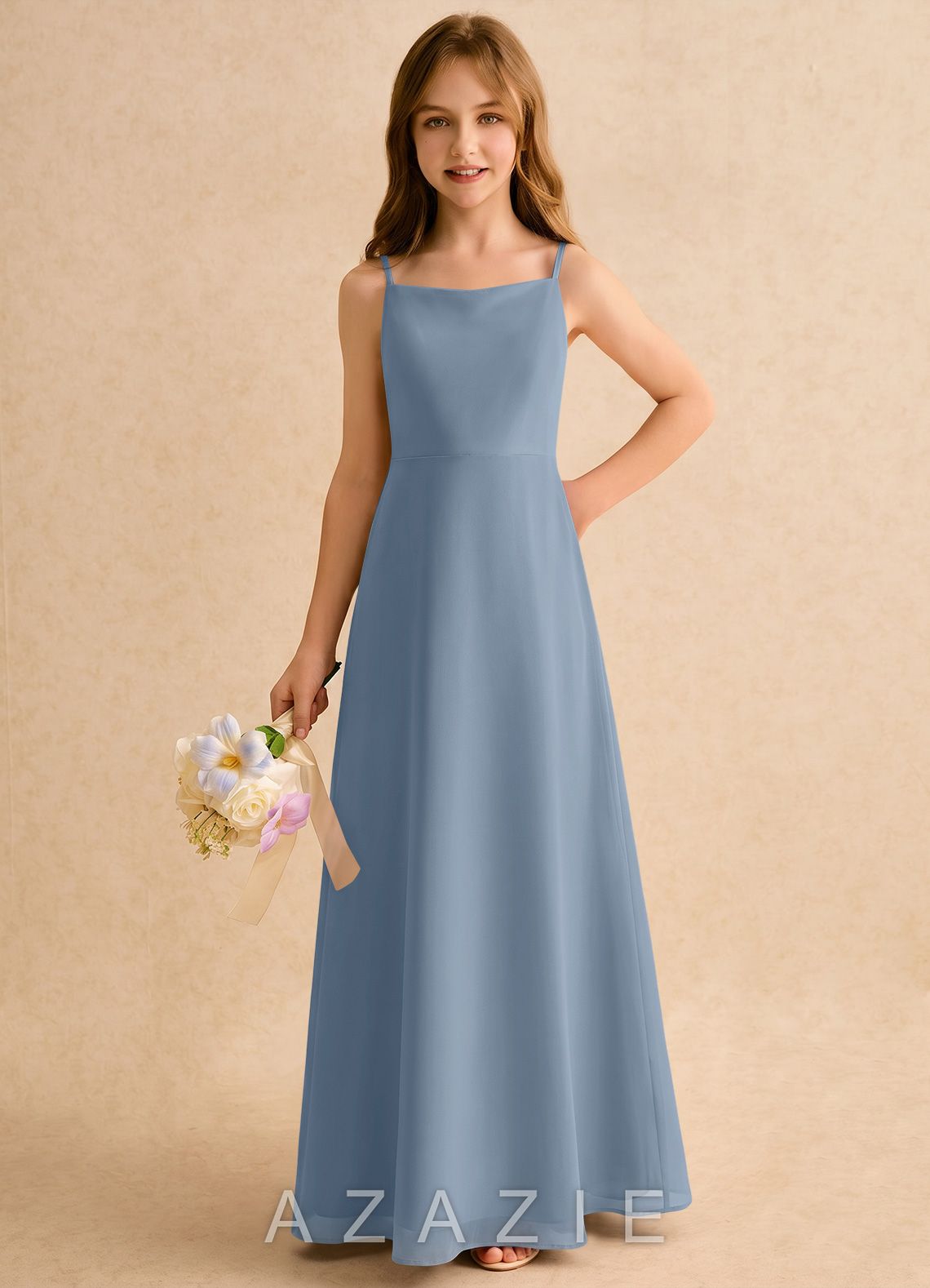 Azazie Jaella Girls Formal Dusty Blue A-Line Pleated Chiffon Dress dusty_blue