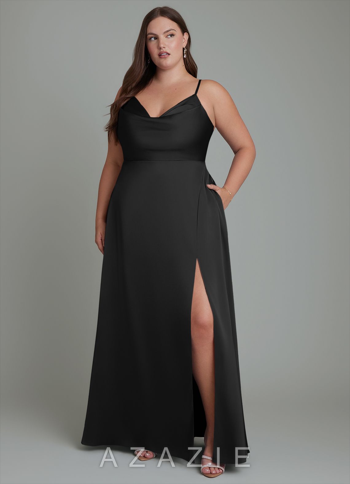 Azazie Sarella Black A-Line Pleated Stretch Satin Dress black