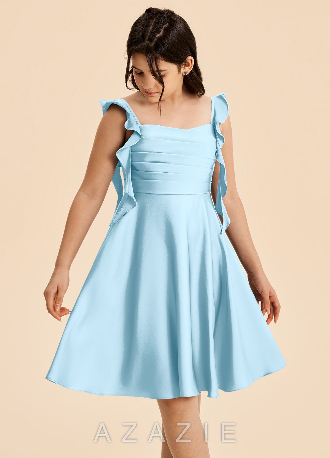 Azazie Kira Junior Sky Blue A-Line Ruched Stretch Satin Dress sky_blue