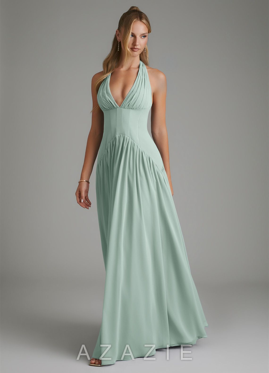 Azazie Alicia Agave A-Line Pleated Chiffon Dress agave