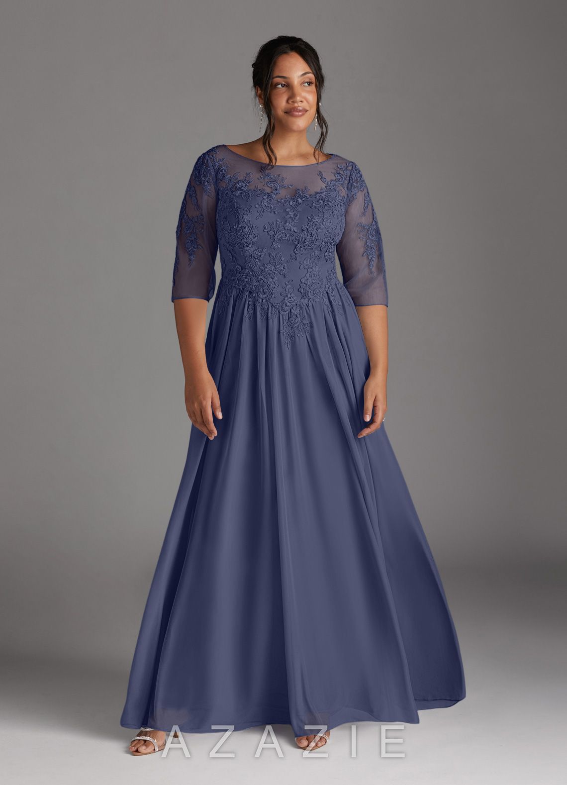 Azazie Harriet Stormy A-Line Scoop lace Mesh Dress stormy