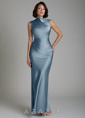 Azazie Lumia Dusty Blue Sheath Corset Stretch Satin Dress