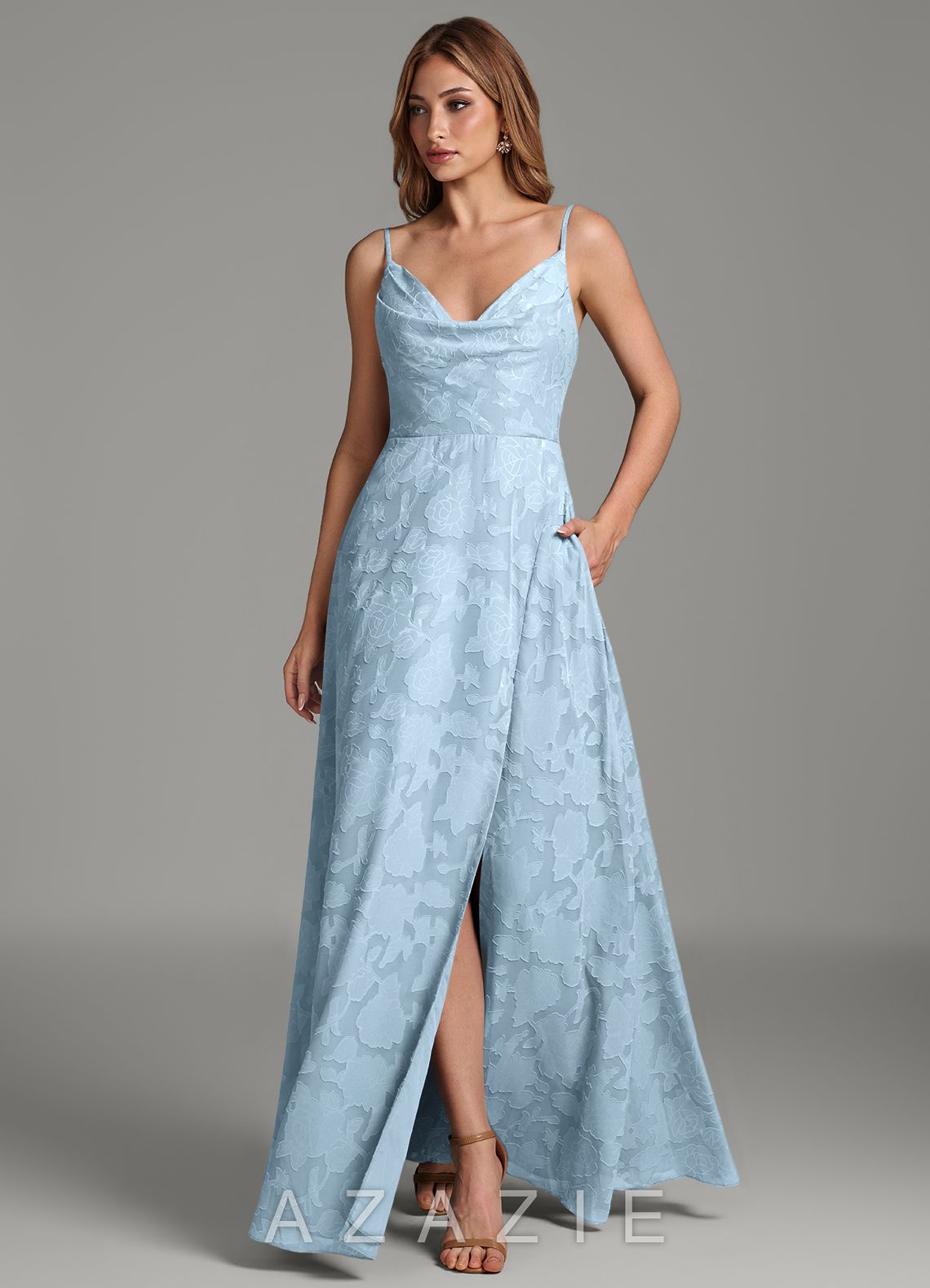 Azazie Sarella Sky Blue A-Line Pleated Floral Burnout Dress