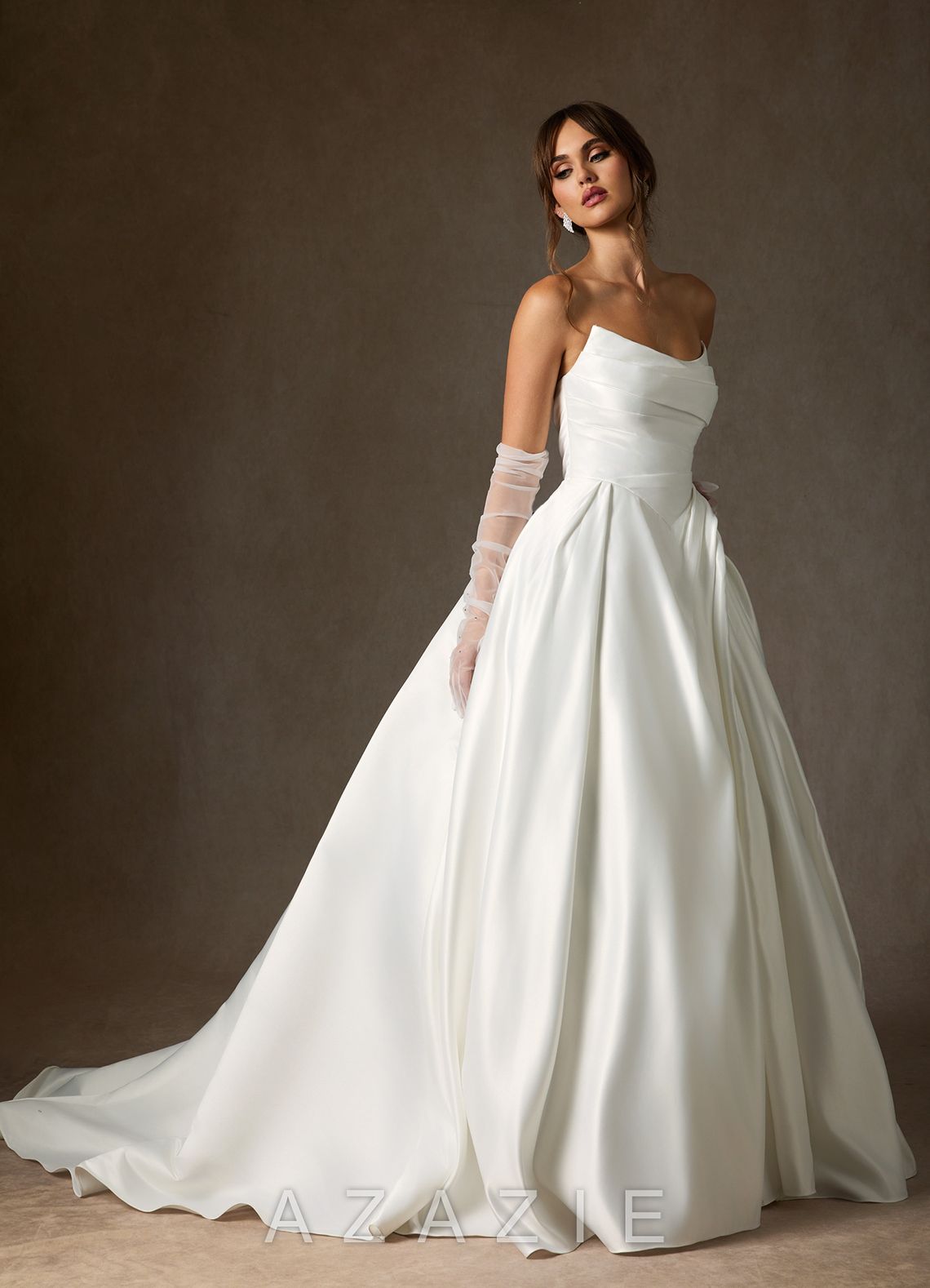 Azazie Adelise Diamond White Ball-Gown Strapless Satin Dress diamond_white