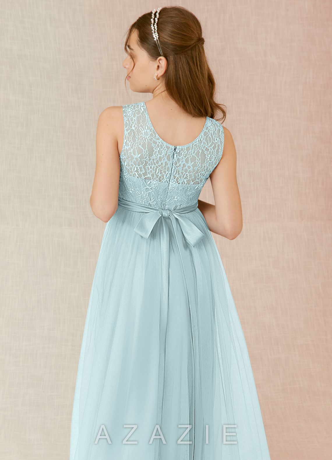 Azazie Georgette Junior Mist A-Line Lace Tulle Dress mist