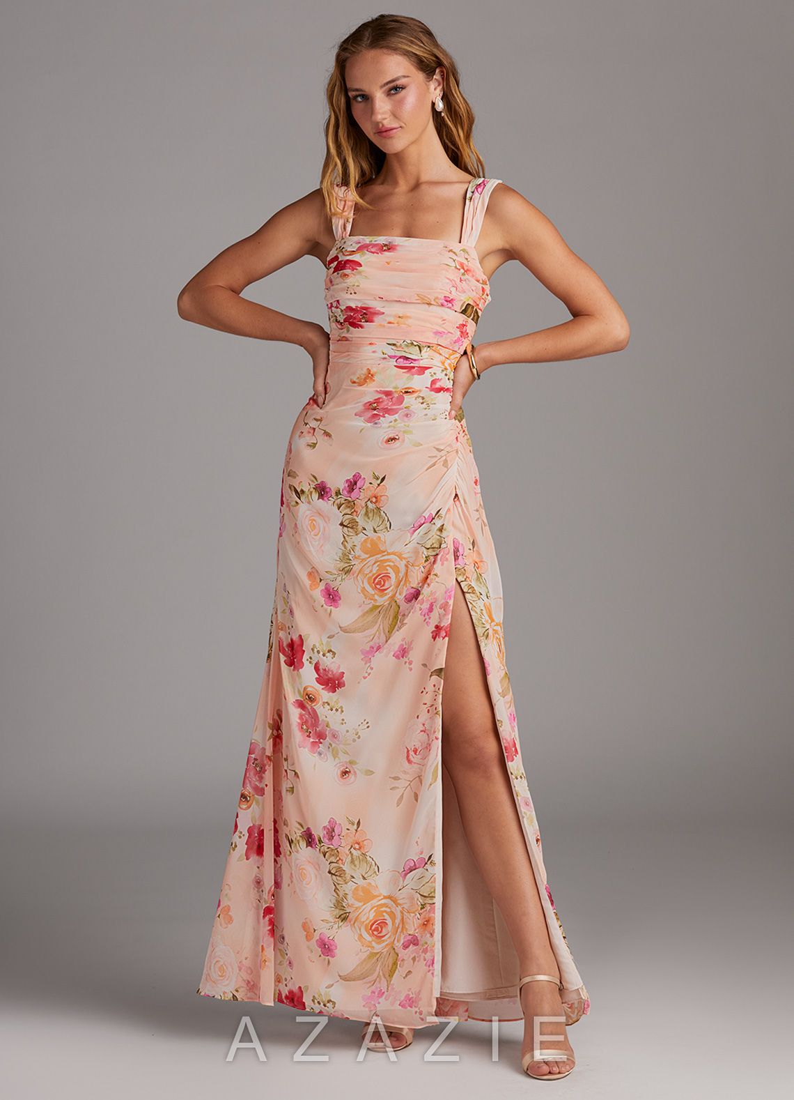 Azazie Jesaphine Abstract Bouquet Floral Sheath Bow Chiffon Dress