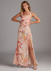 Azazie Jesaphine Abstract Bouquet Floral Sheath Bow Chiffon Dress