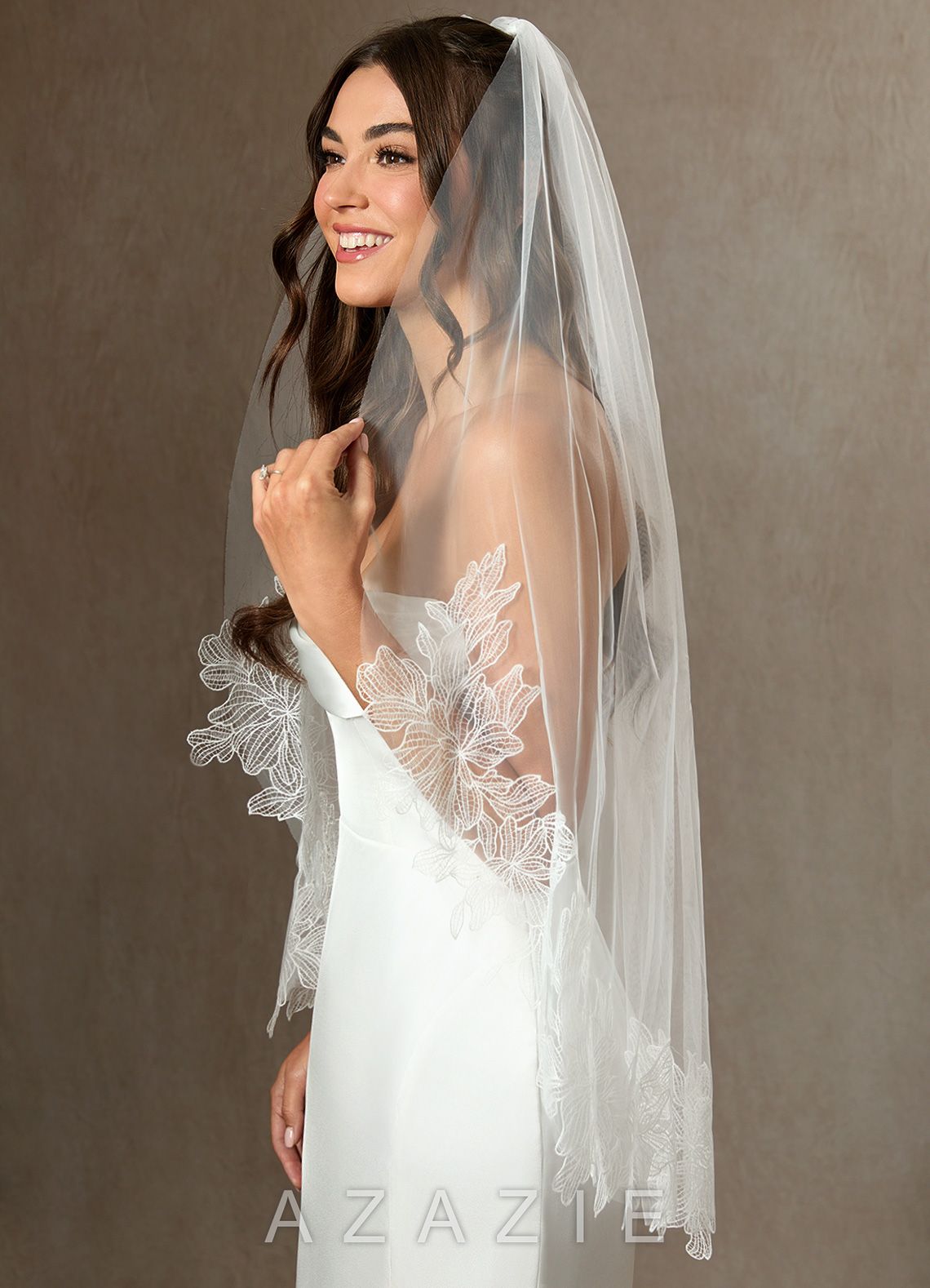 Embroidered Floral Lace Hem Fingertip Length Veil  diamond_white