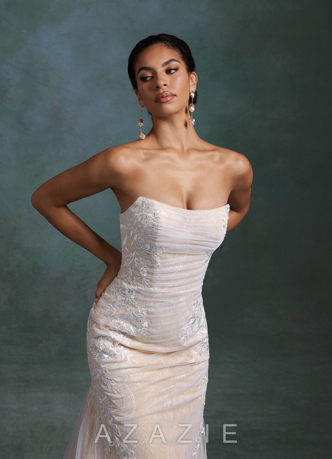 Azazie Ella Diamond White Champagne Mermaid Sweetheart Neckline Tulle Dress diamond_white/champagne