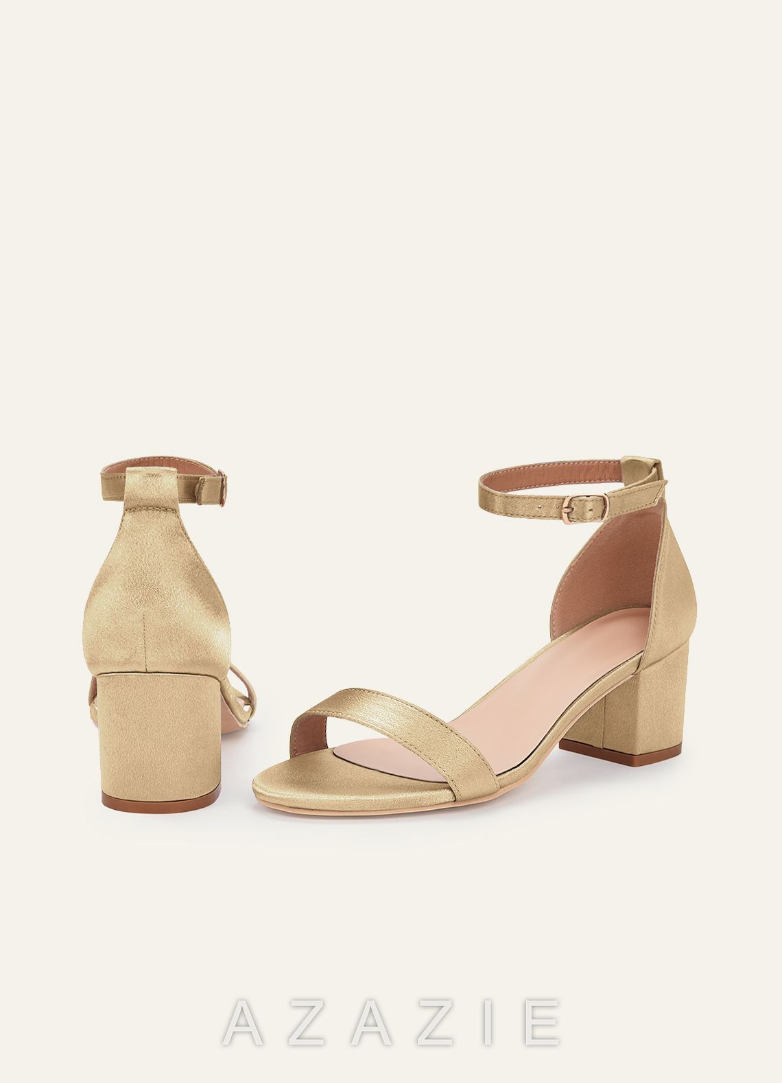 Matching Color Metallic Satin One Strap Buckle Block Heel Sandals  champagne