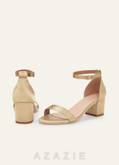 Matching Color Metallic Satin One Strap Buckle Block Heel Sandals  champagne