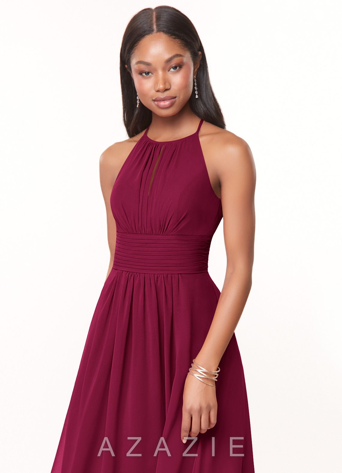 Azazie Bonnie Burgundy A-Line Keyhole Ruched Chiffon Dress burgundy