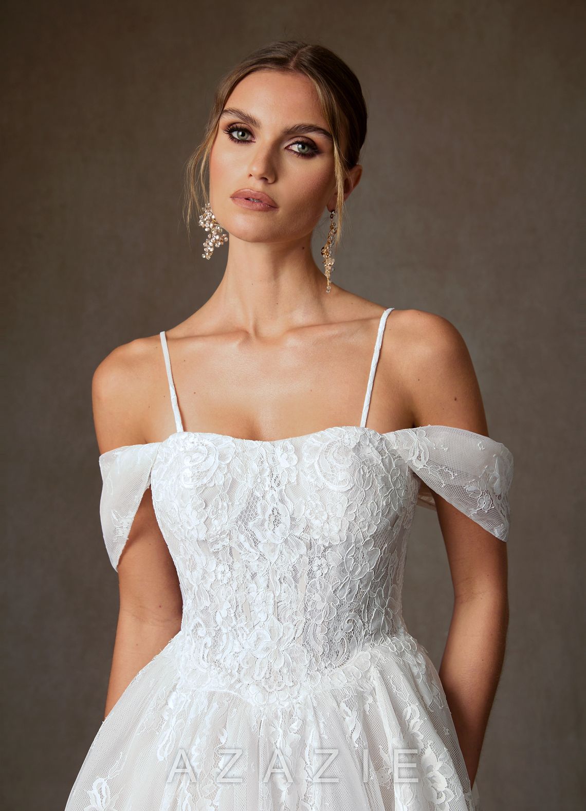 Azazie Justice Diamond White Ball-Gown Off the Shoulder Lace Dress