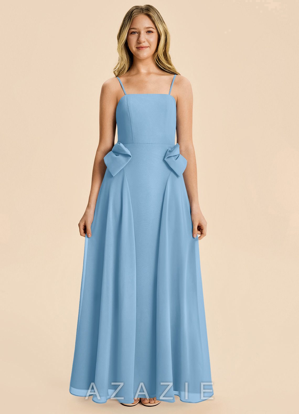 Azazie Nyah Junior Steel Blue A-Line Pleated Chiffon Dress steel_blue