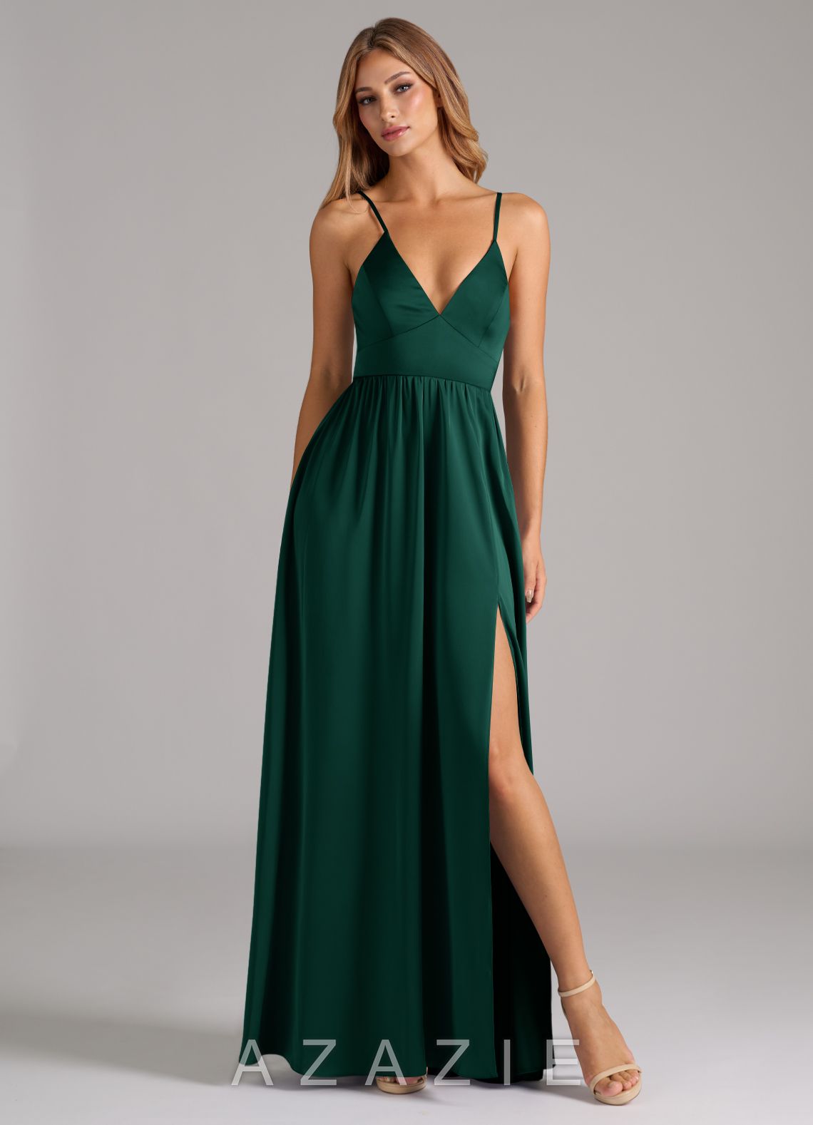 Azazie Aaida Emerald A-Line Corset Stretch Satin Dress emerald