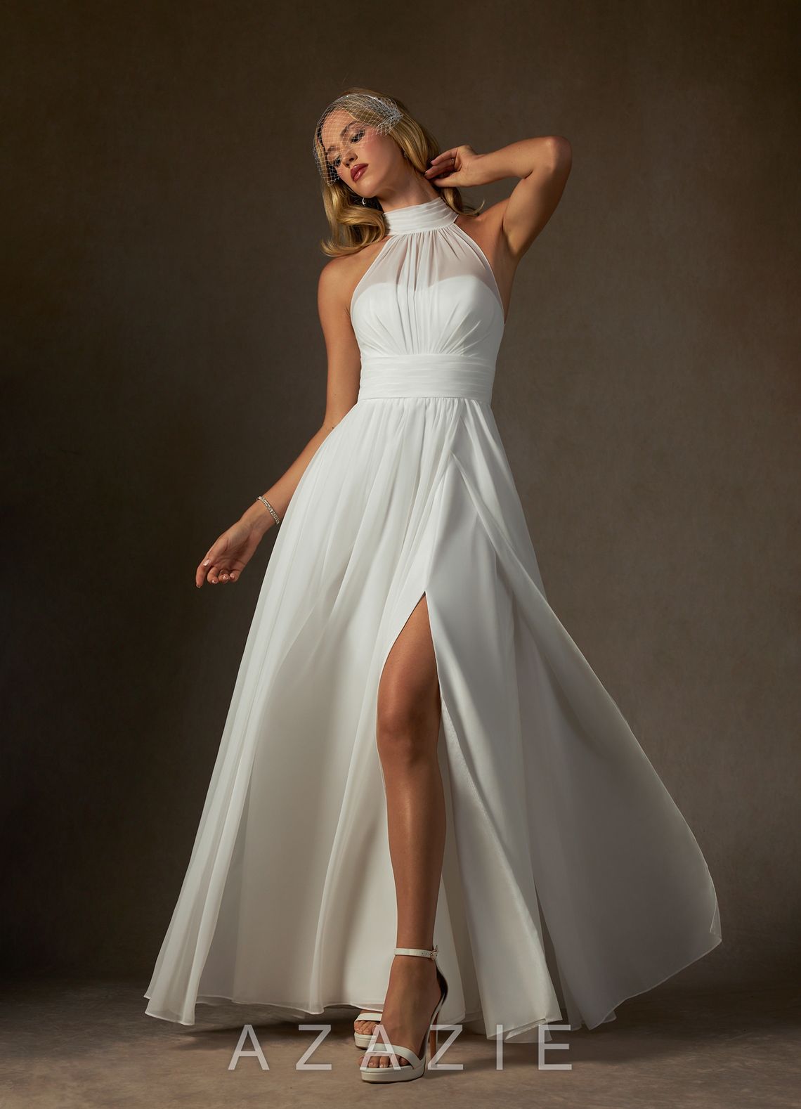 Azazie Helaina Wedding Dress Diamond White A-Line Pleated Chiffon Dress