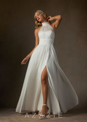 Azazie Helaina Wedding Dress Diamond White A-Line Pleated Chiffon Dress