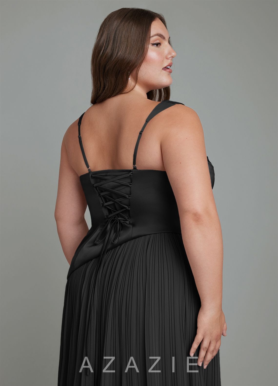 Azazie Stephanie Black A-Line Pleated Stretch Satin Dress black