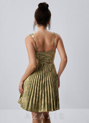 Jade Green Brown Spaghetti Strap Floral Pleated Lace-Up Mini Dress