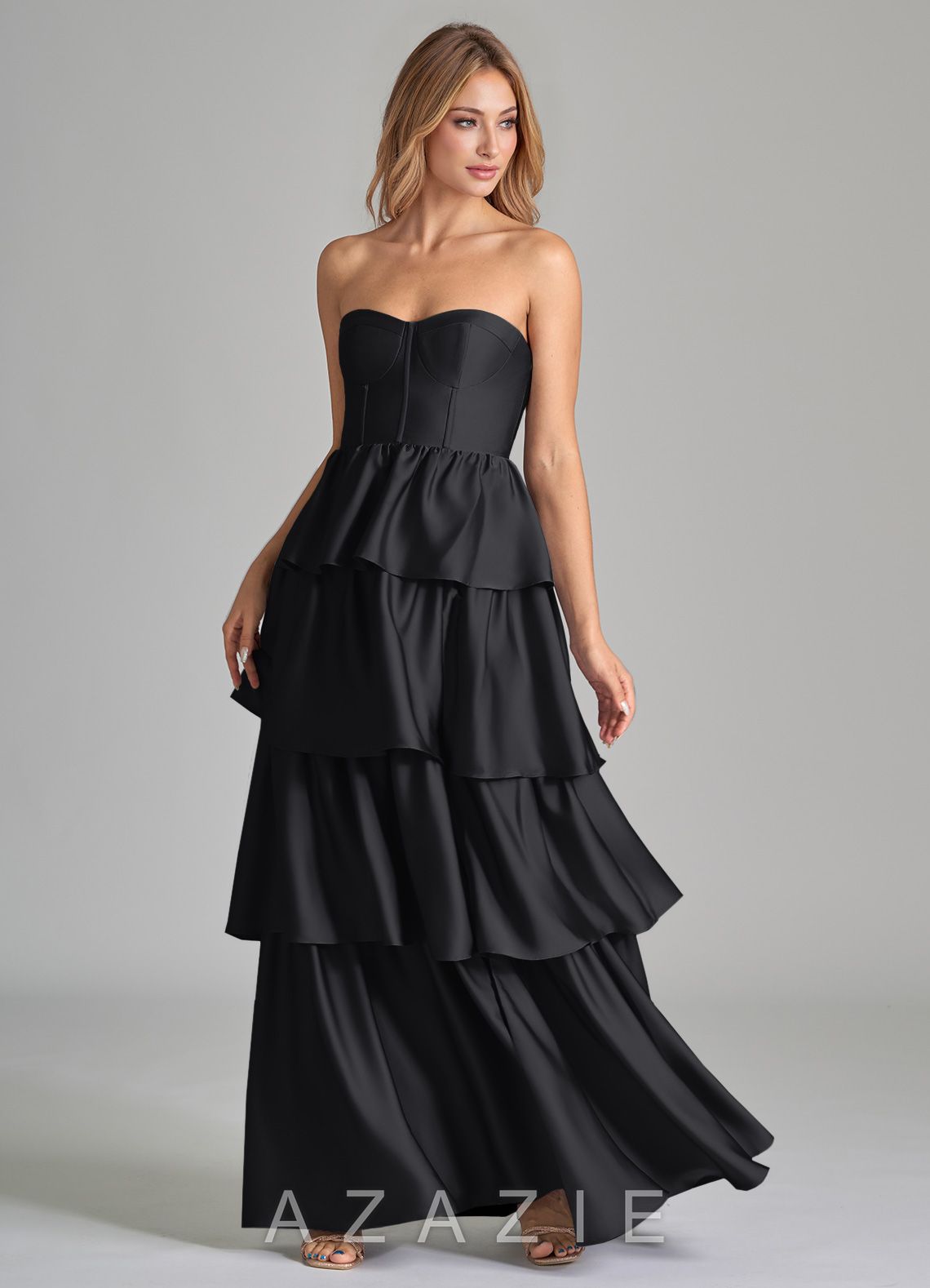 Azazie Faye Black A-Line Ruched Stretch Satin Dress black