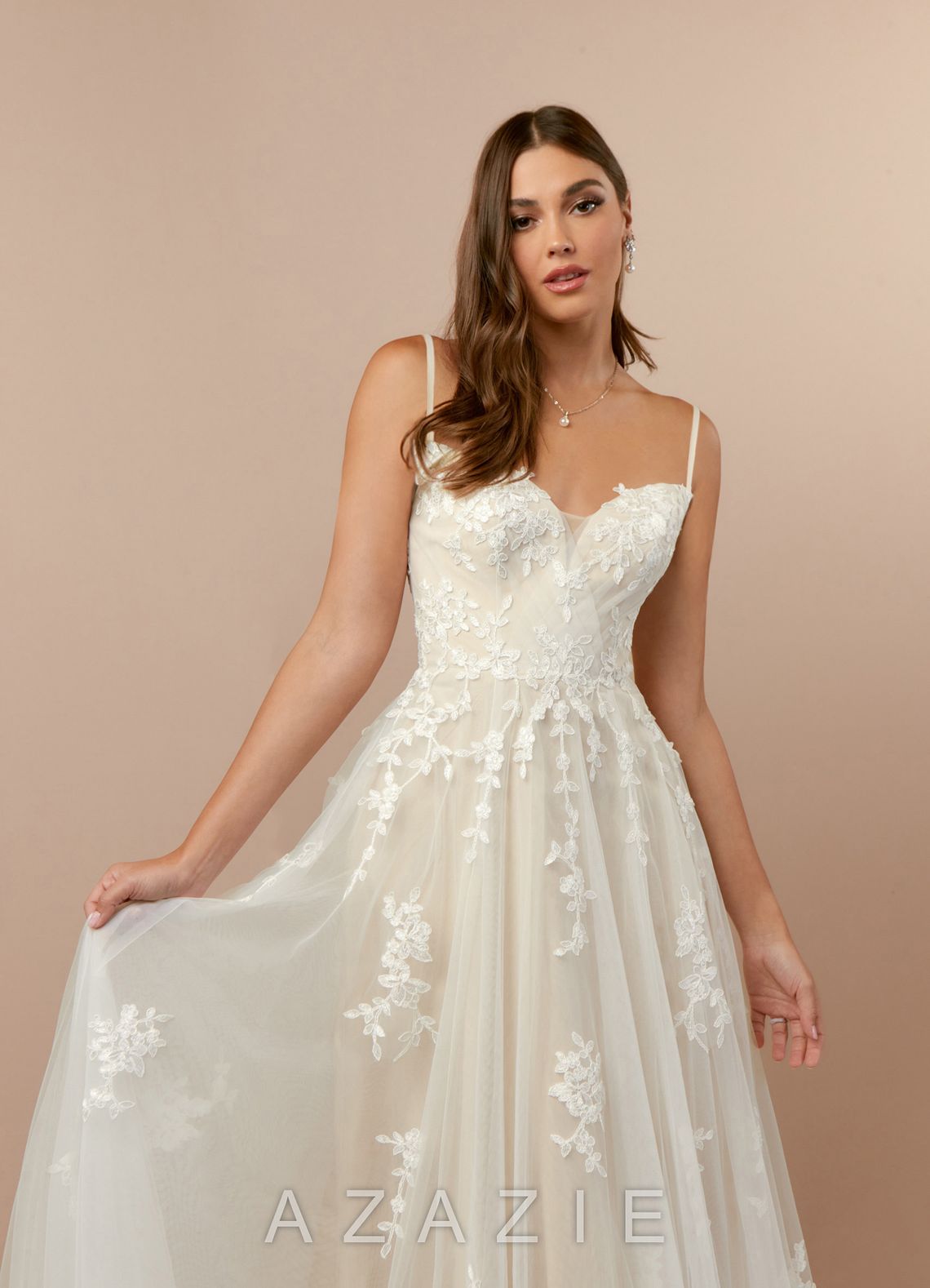 Azazie Botanica Wedding Dress Diamond White Champagne A-Line Off the Shoulder Tulle Dress diamond_white/champagne