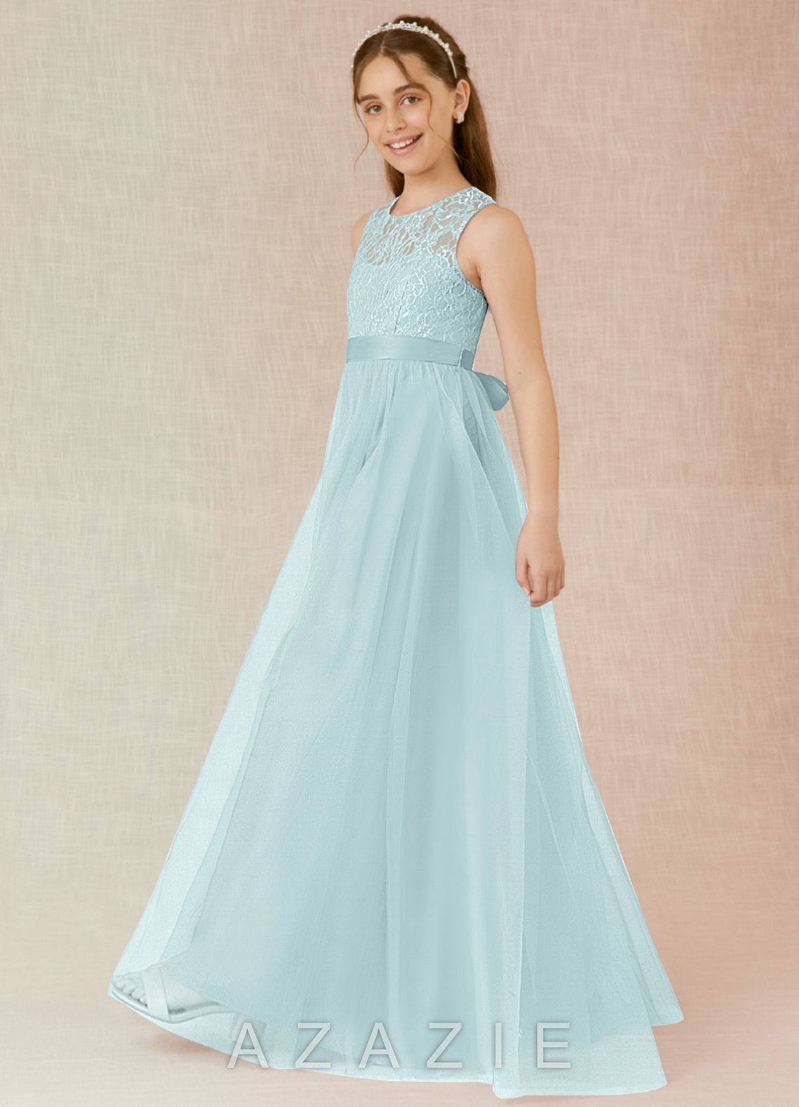 Azazie Georgette Junior Mist A-Line Lace Tulle Dress mist