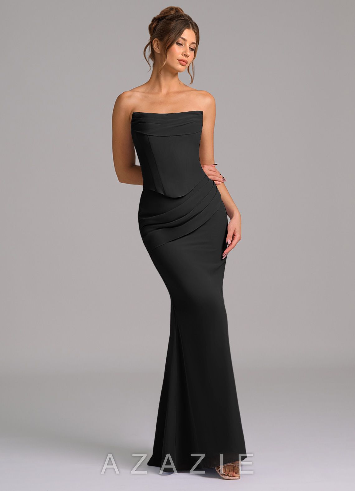 Azazie Sorrel Black Mermaid Corset Chiffon Dress black