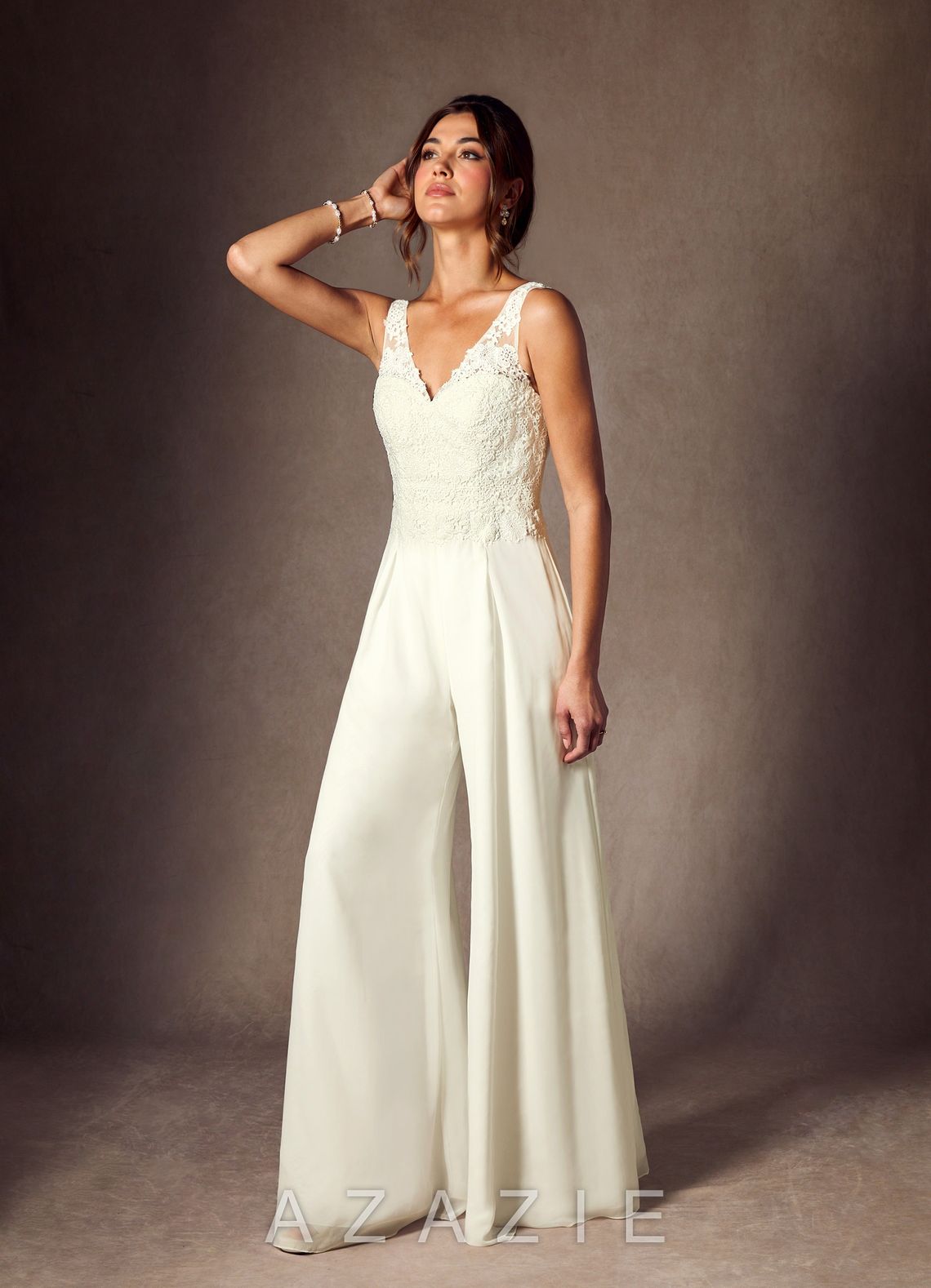 Azazie Florine Wedding Dress Cream Pant Styles V-Neck Lace Chiffon Dress cream