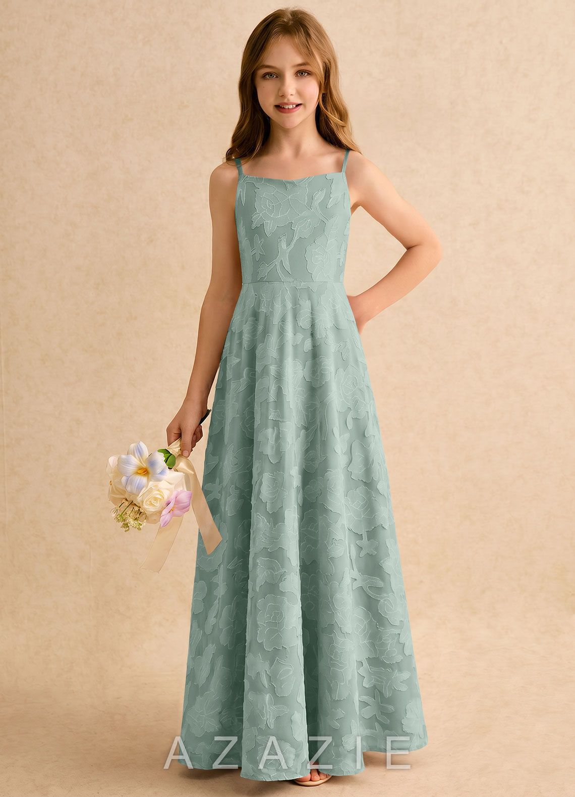Azazie Jaella Girls Formal Agave A-Line Pleated Floral Burnout Dress agave