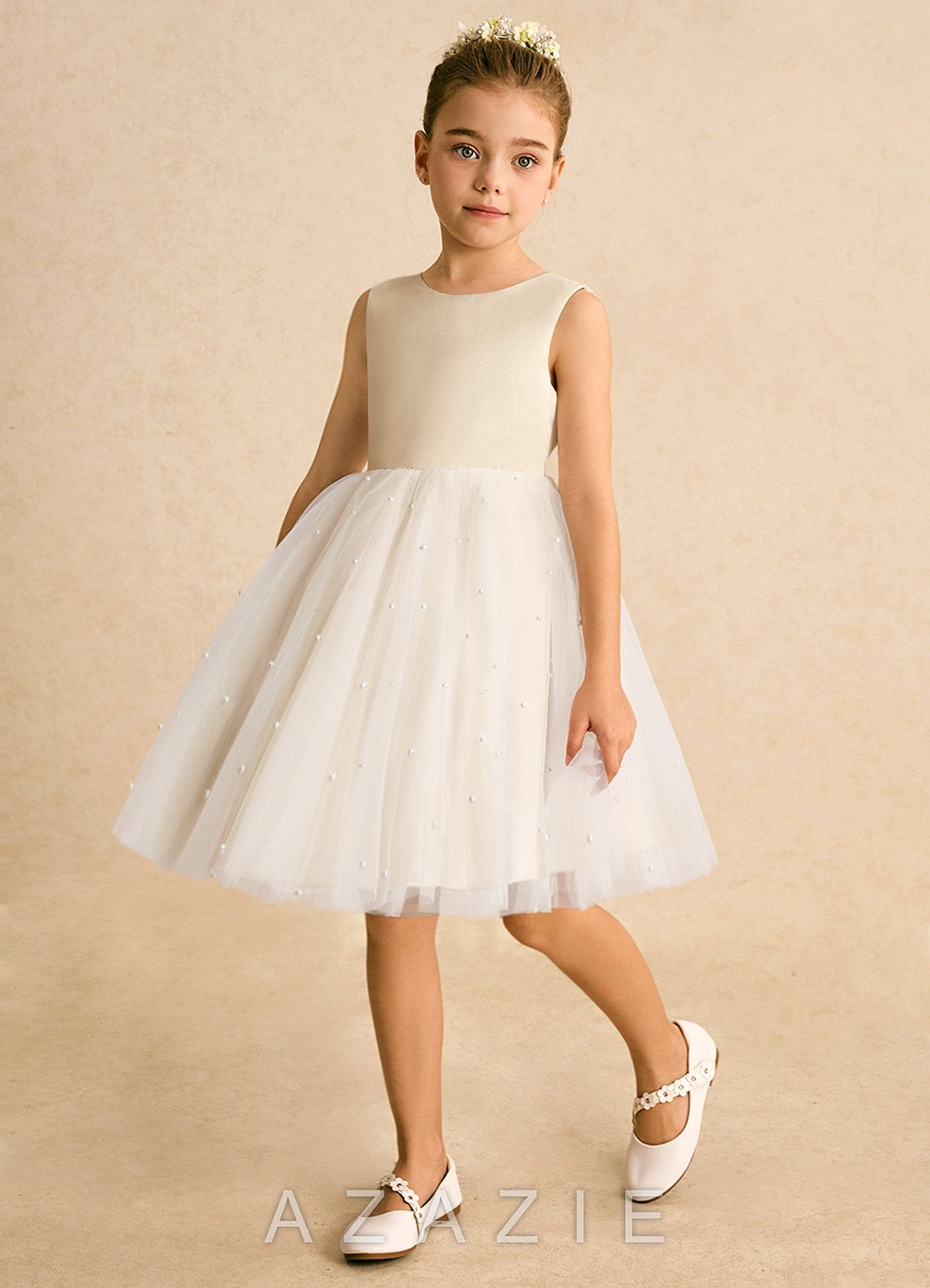 Azazie Esme Champagne Ball-Gown Bow Tulle Dress champagne