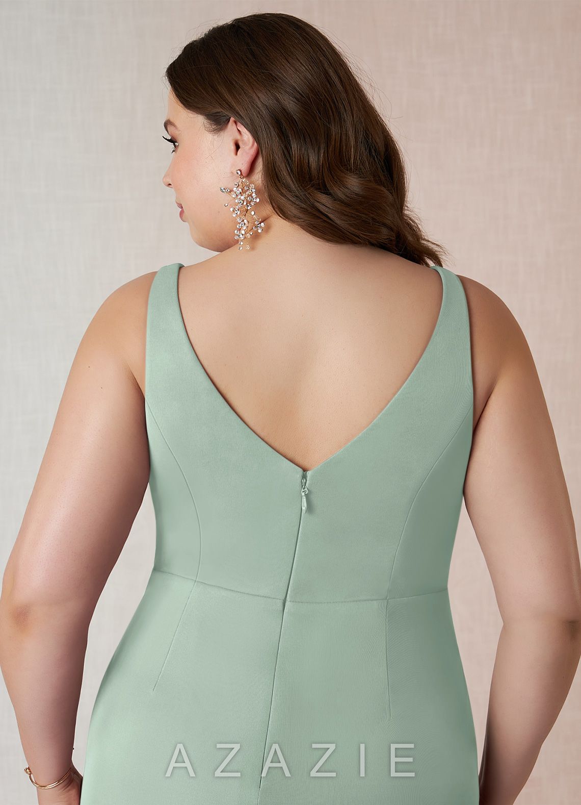 Azazie Leandra Agave Mermaid V-Neck Pleated Mesh Dress agave