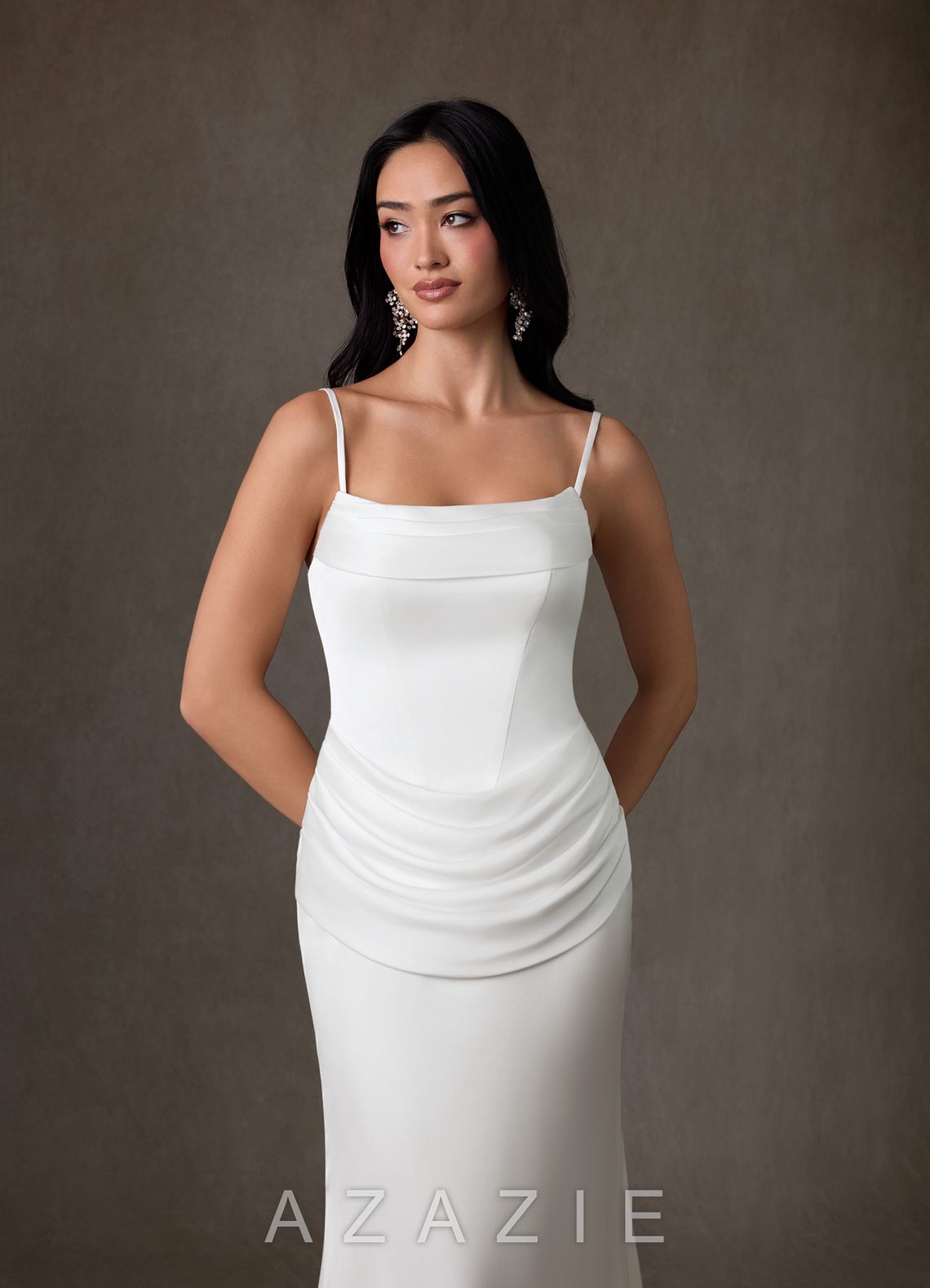 Azazie Miranda Diamond White Sheath Strapless Stretch Satin Dress diamond_white