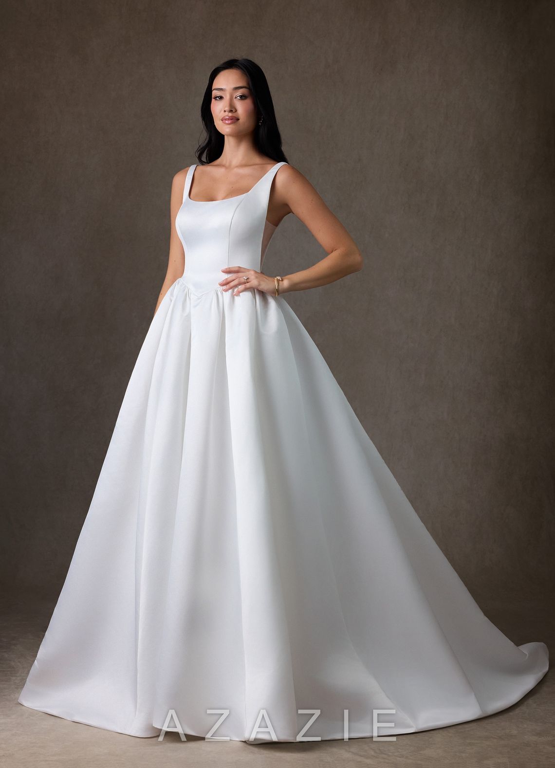 Azazie Skylin Diamond White Ball-Gown with Pockets Satin Dress diamond_white