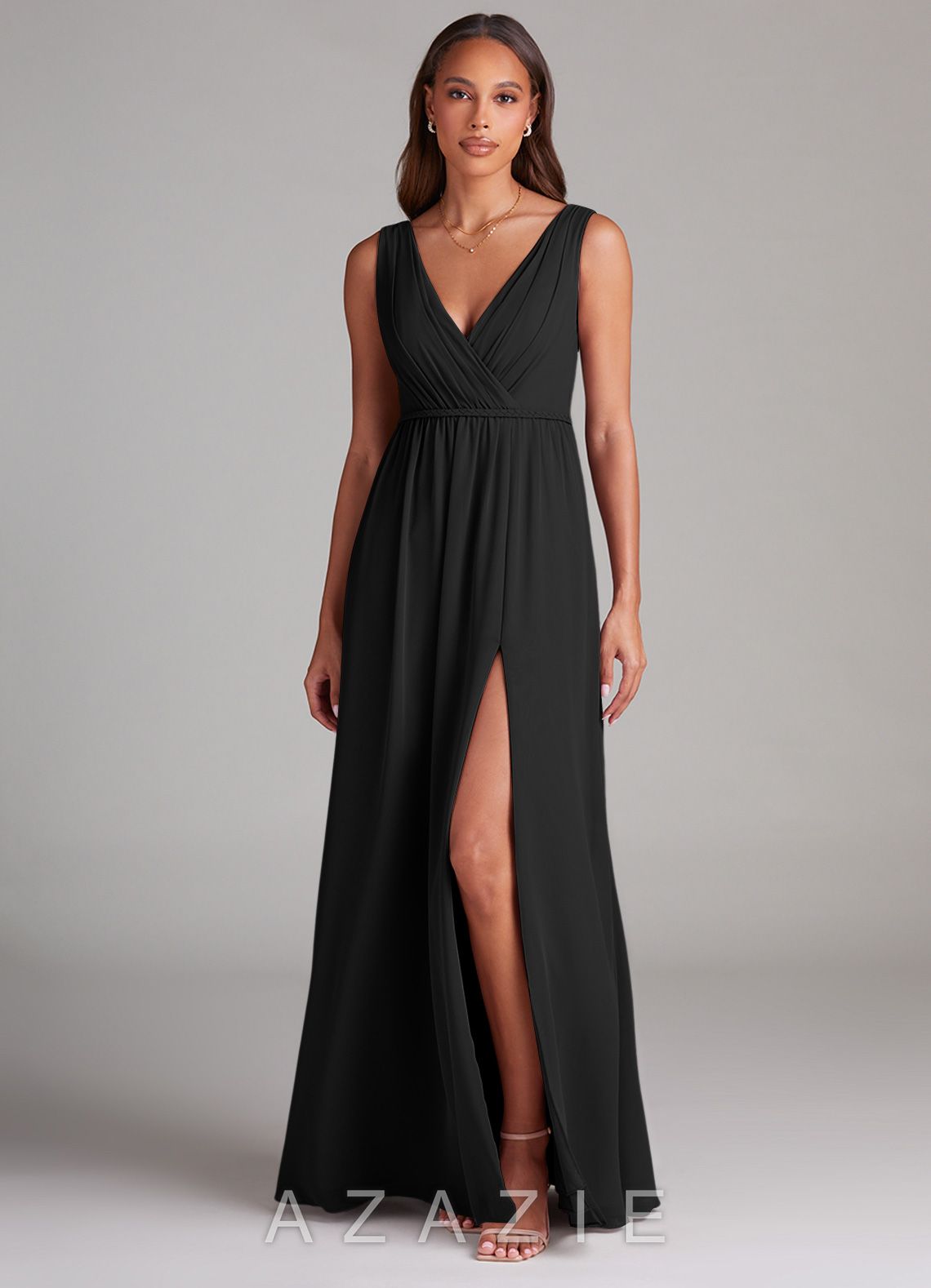 Azazie Tanicia Black A-Line Pleated Chiffon Dress
