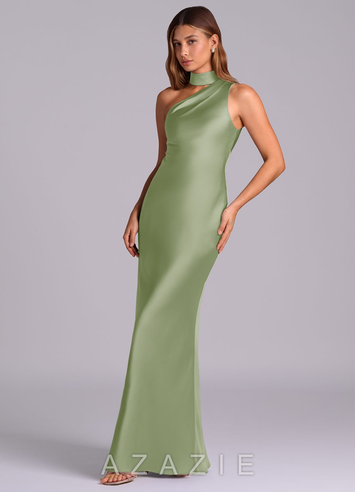 Azazie Seona Dusty Sage Mermaid One Shoulder Stretch Satin Dress dusty_sage