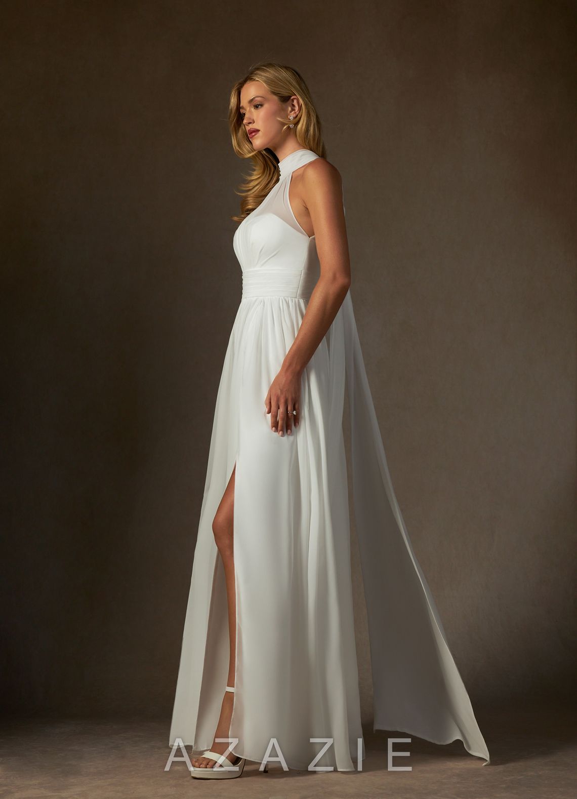 Azazie Helaina Wedding Dress Diamond White A-Line Pleated Chiffon Dress diamond_white