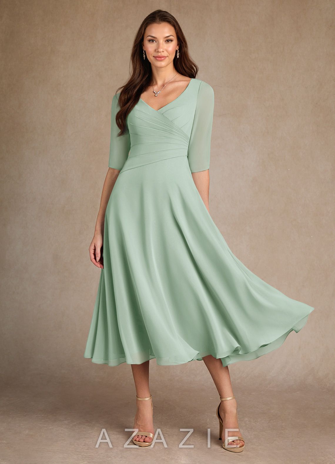 Azazie Durant Agave A-Line Pleated Chiffon Dress agave