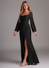 Azazie Charissa Black Sheath Long Sleeve Chiffon Dress black